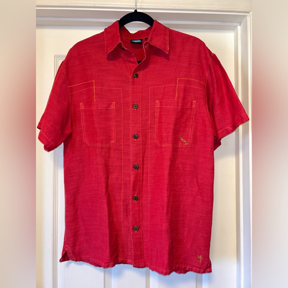 Kavu Bamboo Viscose Button Down Short Sleeve Shirt - Deep Coral - Size Medium